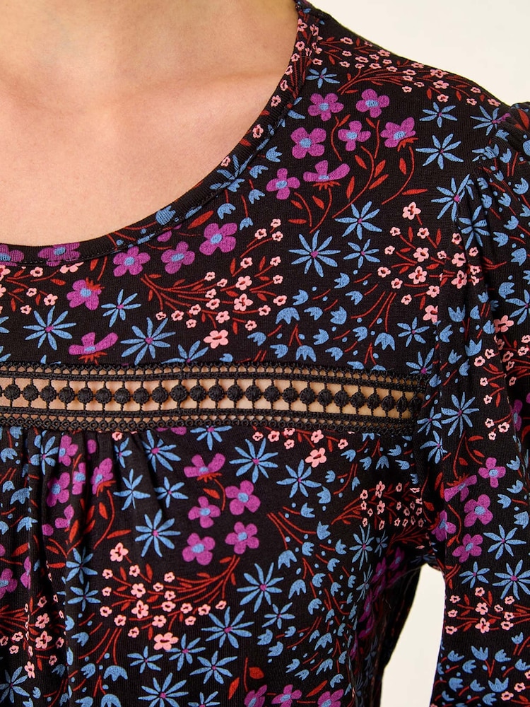 Roman Purple Floral Print Trim Stretch Blouse - Image 5 of 5 Roman Purple Floral Print Trim Stretch Blouse - Image 5 of 5