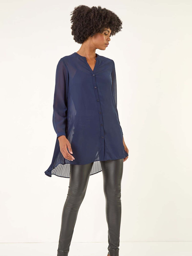 Roman Blue V-Neck Pleated Back Blouse - Image 1 of 5 Roman Blue V-Neck Pleated Back Blouse - Image 1 of 5