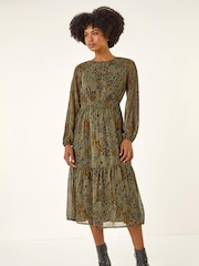 Roman Green Speckled Print Keyhole Midi Dress - Image 1 of 5