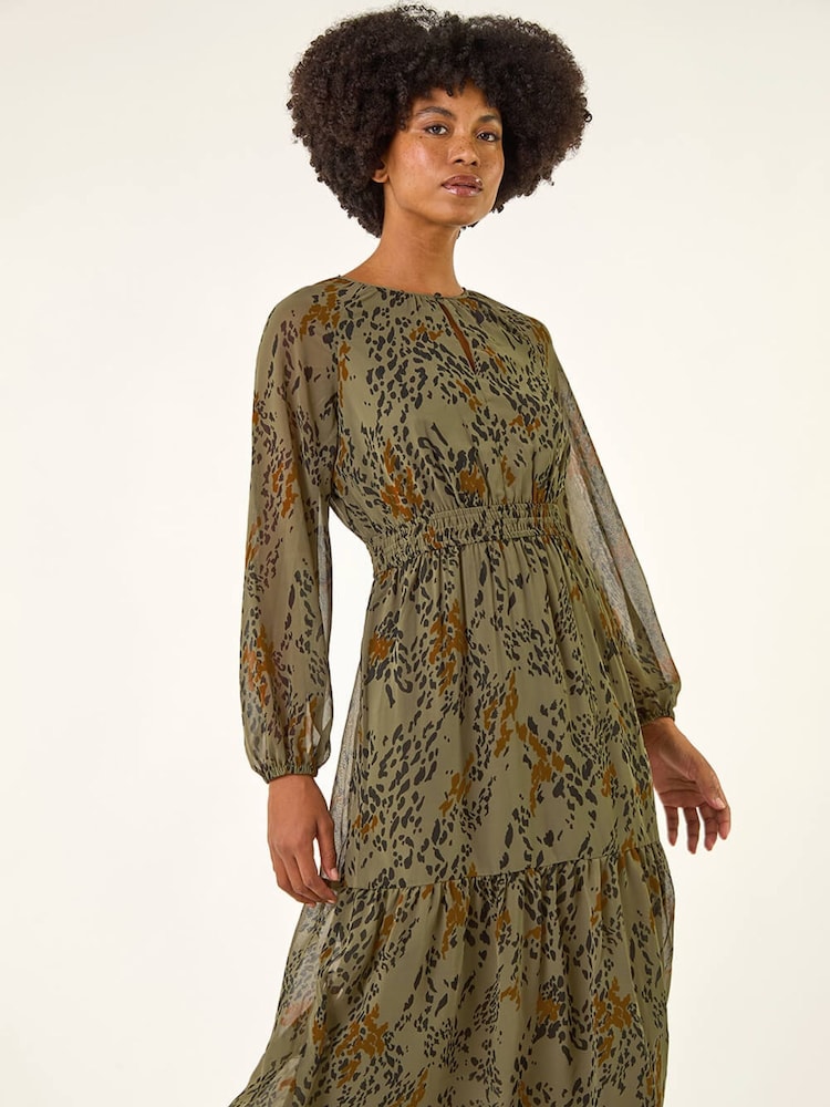 Roman Green Speckled Print Keyhole Midi Dress - Image 2 of 5 Roman Green Speckled Print Keyhole Midi Dress - Image 2 of 5