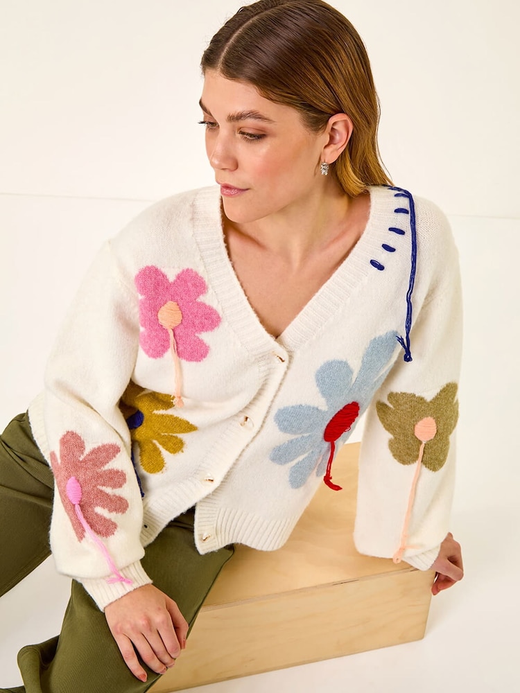 Roman White Floral Stitch Knit Cardigan - Image 1 of 5 Roman White Floral Stitch Knit Cardigan - Image 1 of 5