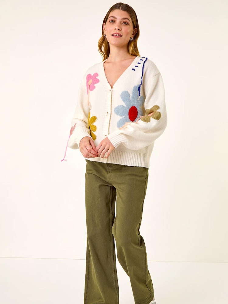Roman White Floral Stitch Knit Cardigan - Image 2 of 5 Roman White Floral Stitch Knit Cardigan - Image 2 of 5