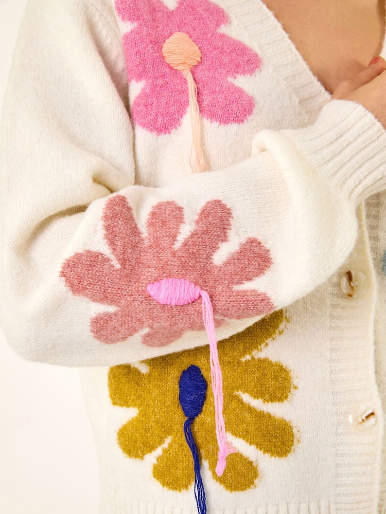 Roman White Floral Stitch Knit Cardigan - Image 5 of 5 Roman White Floral Stitch Knit Cardigan - Image 5 of 5