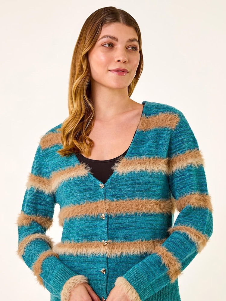 Roman Blue Fluffy Stripe Knit Cardigan - Image 2 of 5 Roman Blue Fluffy Stripe Knit Cardigan - Image 2 of 5