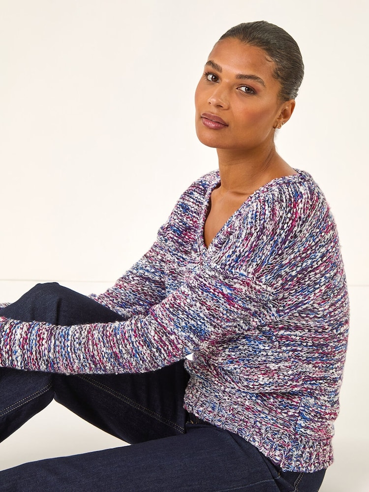 Roman Blue Tape Yarn V-Neck Knit Jumper - Image 1 of 5 Roman Blue Tape Yarn V-Neck Knit Jumper - Image 1 of 5