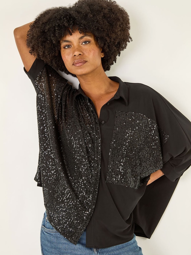 Roman Black Sequin Buttoned Blouse - Image 1 of 5