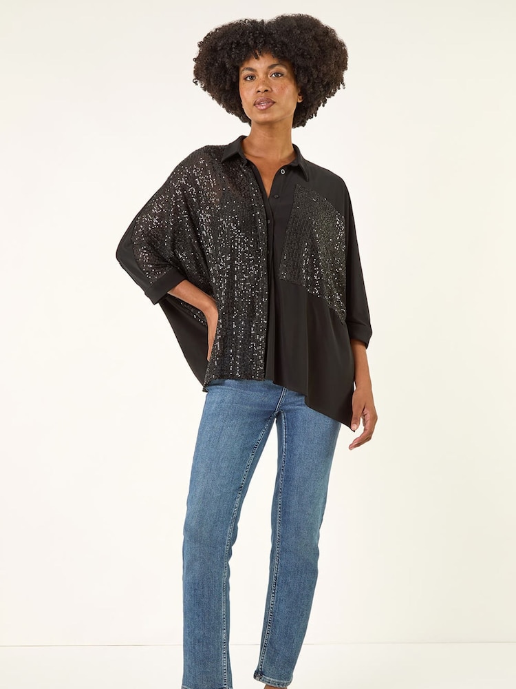 Roman Black Sequin Buttoned Blouse - Image 2 of 5
