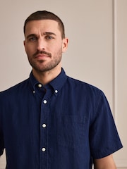 Navy Short Sleeve Signature 100% Linen Shirt - Image 4 of 7
