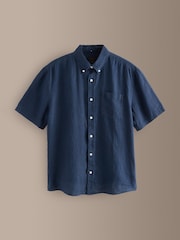Navy Short Sleeve Signature 100% Linen Shirt - Image 5 of 7