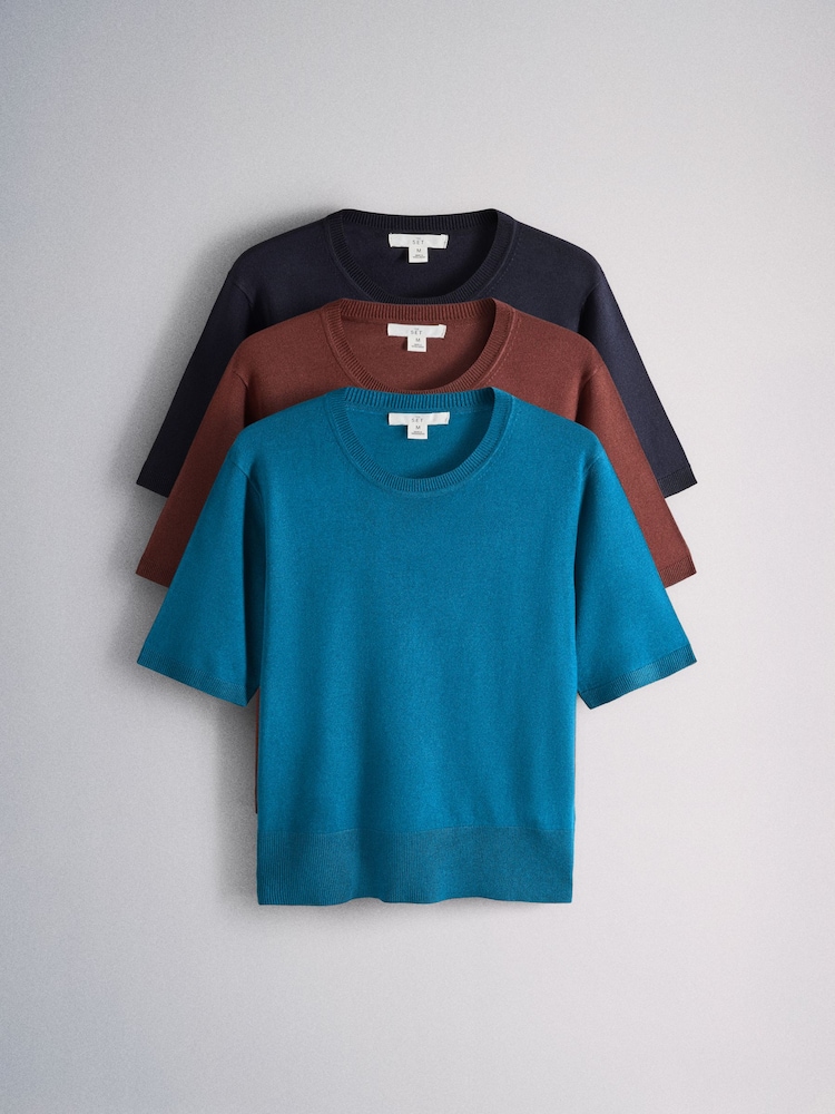 The Set 3 Pack Fine Knit T-Shirts Navy/Mid Blue/Brown - Image 1 of 6