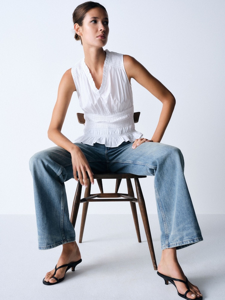 The Set 2 Pack Shirred V-Neck Vests White/Clay Brown - Image 1 of 6