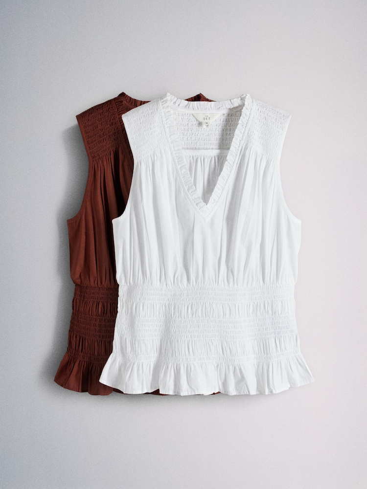 The Set 2 Pack Shirred V-Neck Vests White/Clay Brown - Image 2 of 6