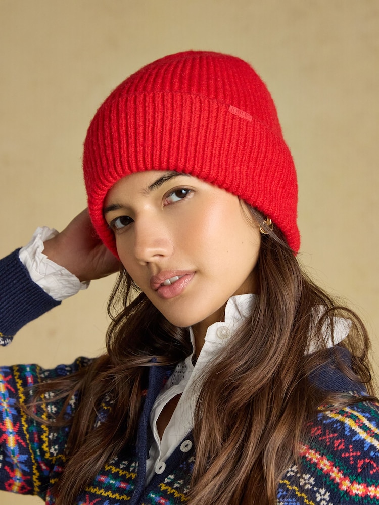 Joules Fine Knit Red Beanie Hat - Image 1 of 6 Joules Fine Knit Red Beanie Hat - Image 1 of 6
