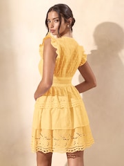 Lipsy Yellow Broderie Flutter Sleeve Tiered Mini Dress - Image 4 of 4