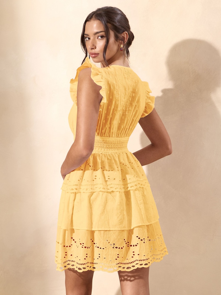 Lipsy Yellow Broderie Flutter Sleeve Tiered Mini Dress - Image 4 of 4