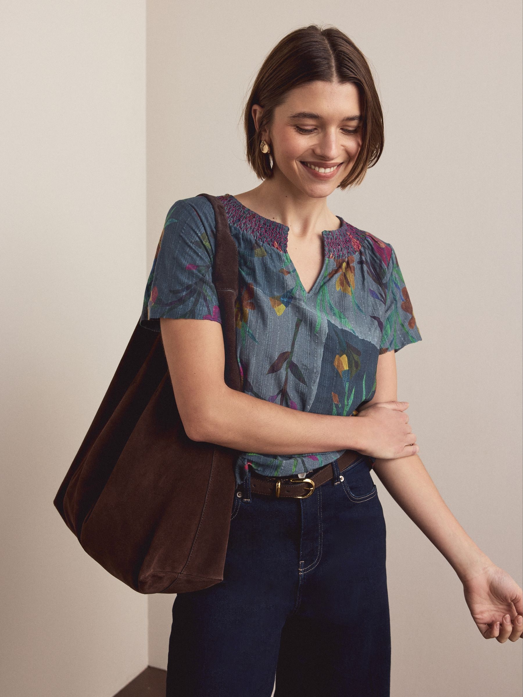 Buy Navy Blue Floral Short Sleeve Notch Neck Shirred Bubblehem Top