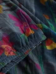 Navy Floral Print Short Sleeve Notch Neck Shirred Bubblehem Top - Image 3 of 3