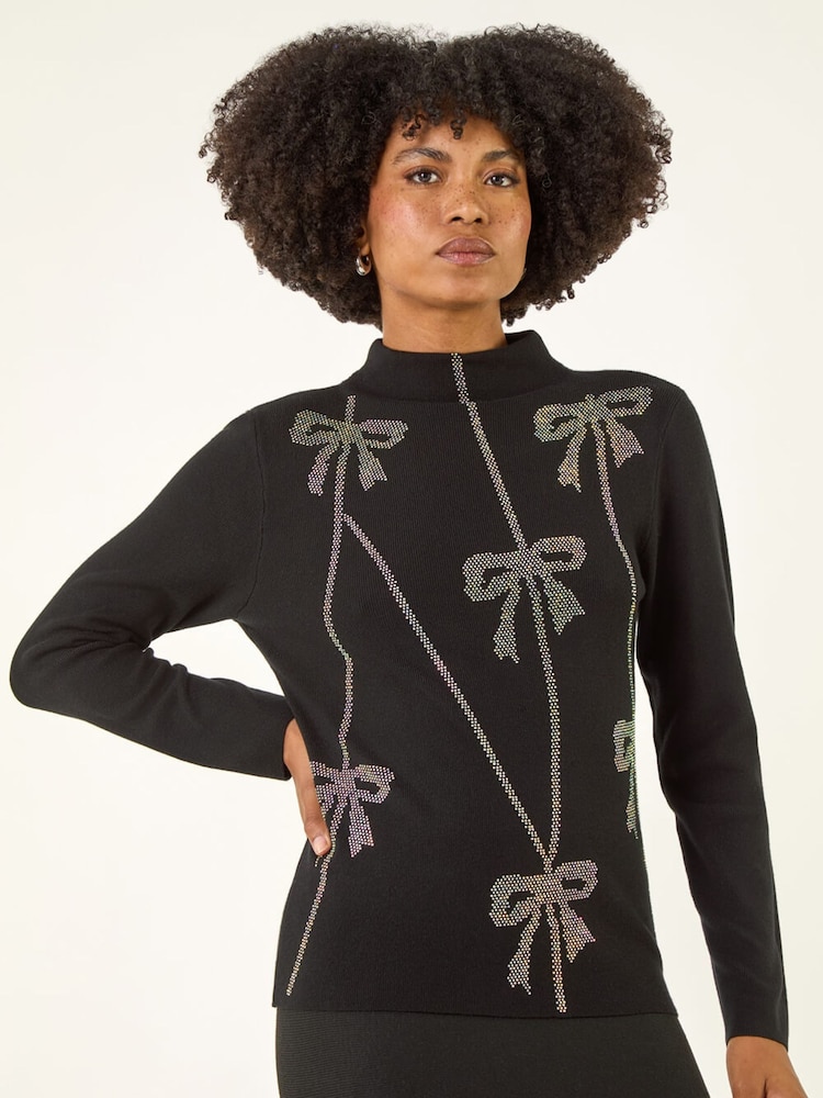 Roman Black Diamante Bow High Neck Knit Jumper - Image 1 of 5 Roman Black Diamante Bow High Neck Knit Jumper - Image 1 of 5