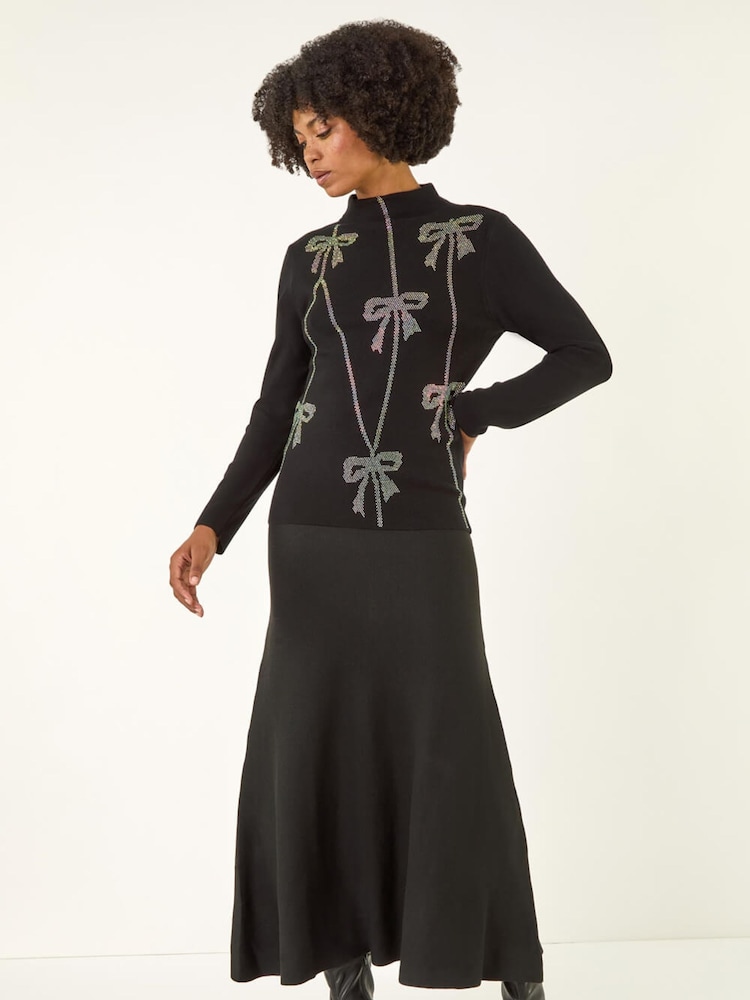 Roman Black Diamante Bow High Neck Knit Jumper - Image 2 of 5 Roman Black Diamante Bow High Neck Knit Jumper - Image 2 of 5