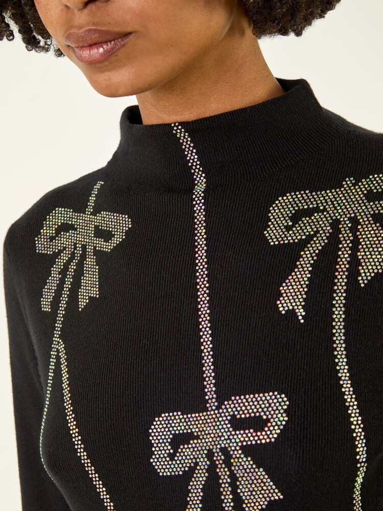 Roman Black Diamante Bow High Neck Knit Jumper - Image 5 of 5 Roman Black Diamante Bow High Neck Knit Jumper - Image 5 of 5