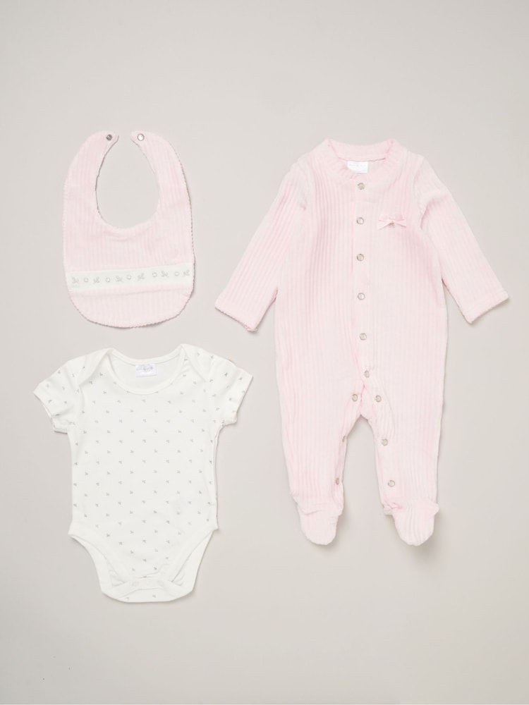 Rock-A-Bye Baby Boutique Baby Velour Sleepsuits Bodysuits and Bibs Gift Set 3 Piece - Image 1 of 6 Rock-A-Bye Baby Boutique Baby Velour Sleepsuits Bodysuits and Bibs Gift Set 3 Piece - Image 1 of 6
