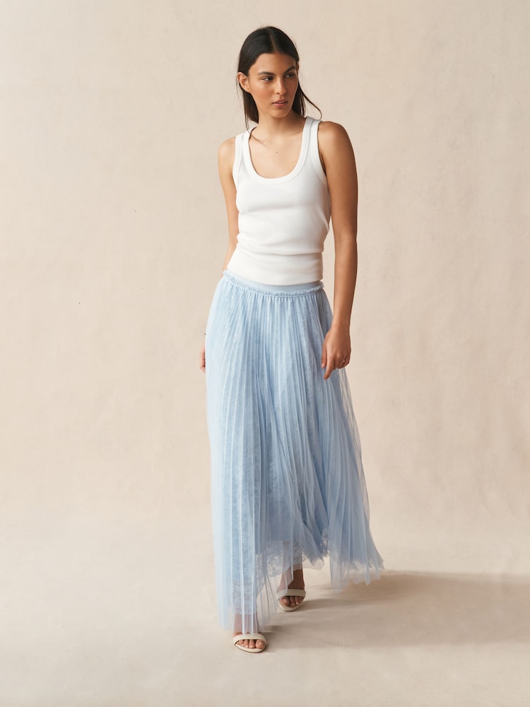 Blue Mesh and Lace Pleated Maxi Skirt - Image 1 of 5