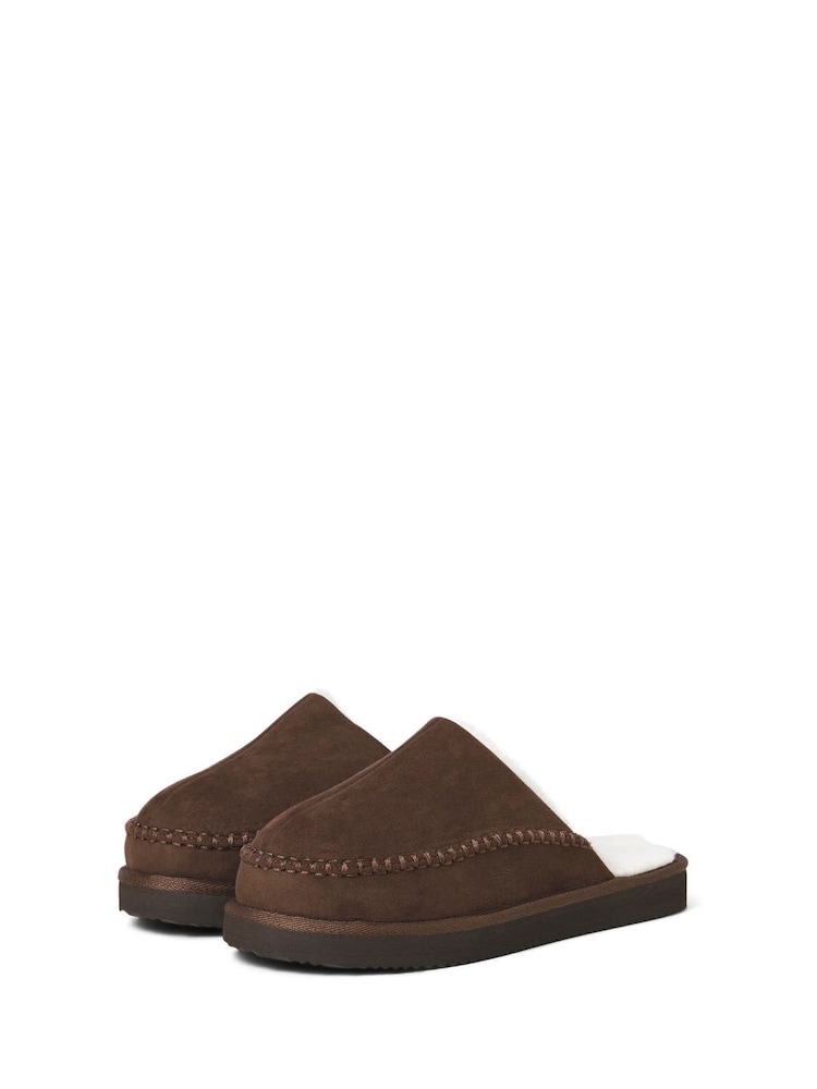 بني - JACK & JONES Fleece Lined Stitch Detail Mule Slippers - صورة 2 من 3