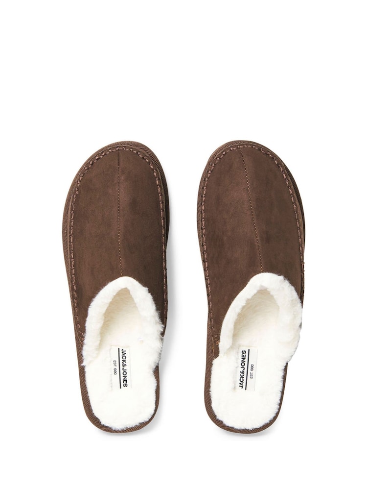 بني - JACK & JONES Fleece Lined Stitch Detail Mule Slippers - صورة 3 من 3