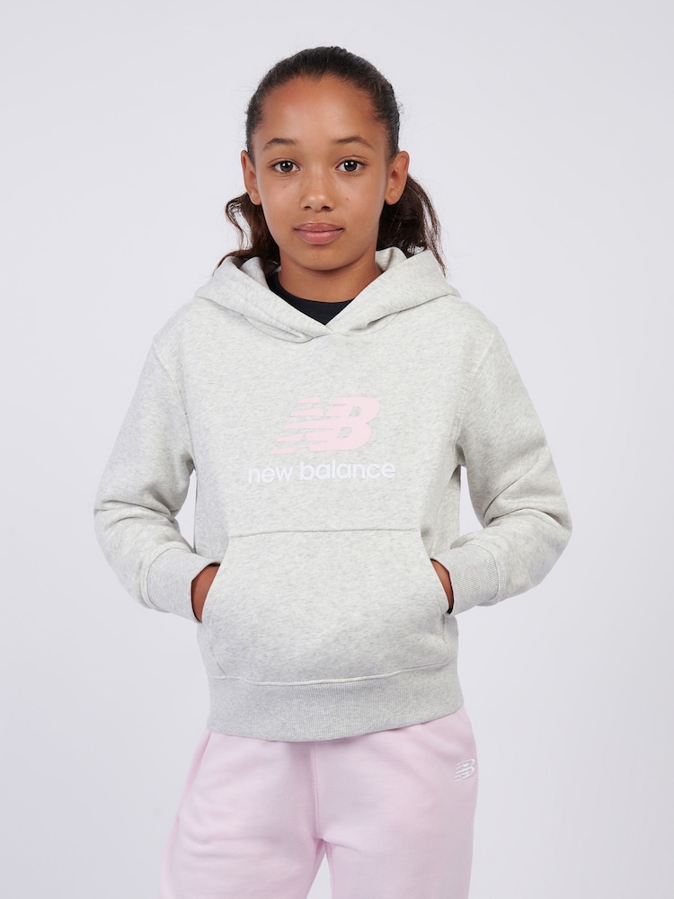 New Balance Grey Brush Back Stacked Logo Hoodie - Image 1 of 8 New Balance Grey Brush Back Stacked Logo Hoodie - Image 1 of 8