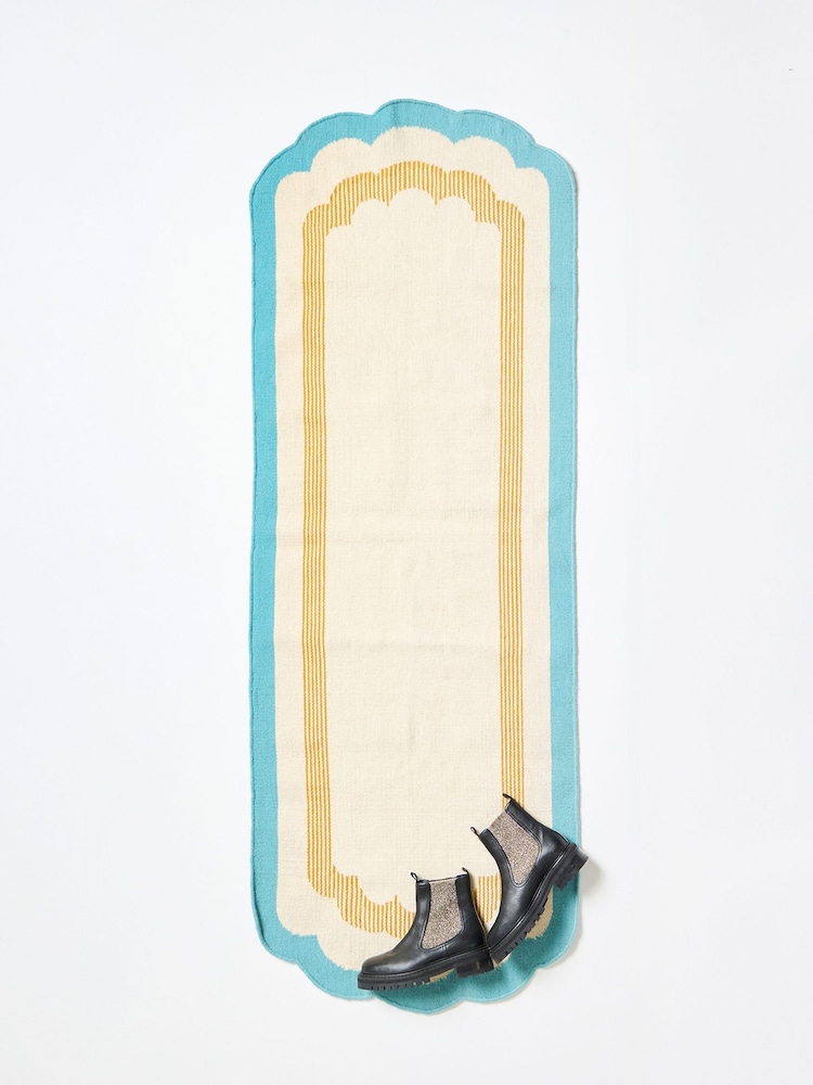 Oliver Bonas Multi Blue Scalloped Border Long Runner Rug - Image 1 of 4 Oliver Bonas Multi Blue Scalloped Border Long Runner Rug - Image 1 of 4