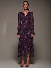 Jolie Moi Blue Long Sleeve Ruffle Hem Mesh Maxi Dress - Image 1 of 6