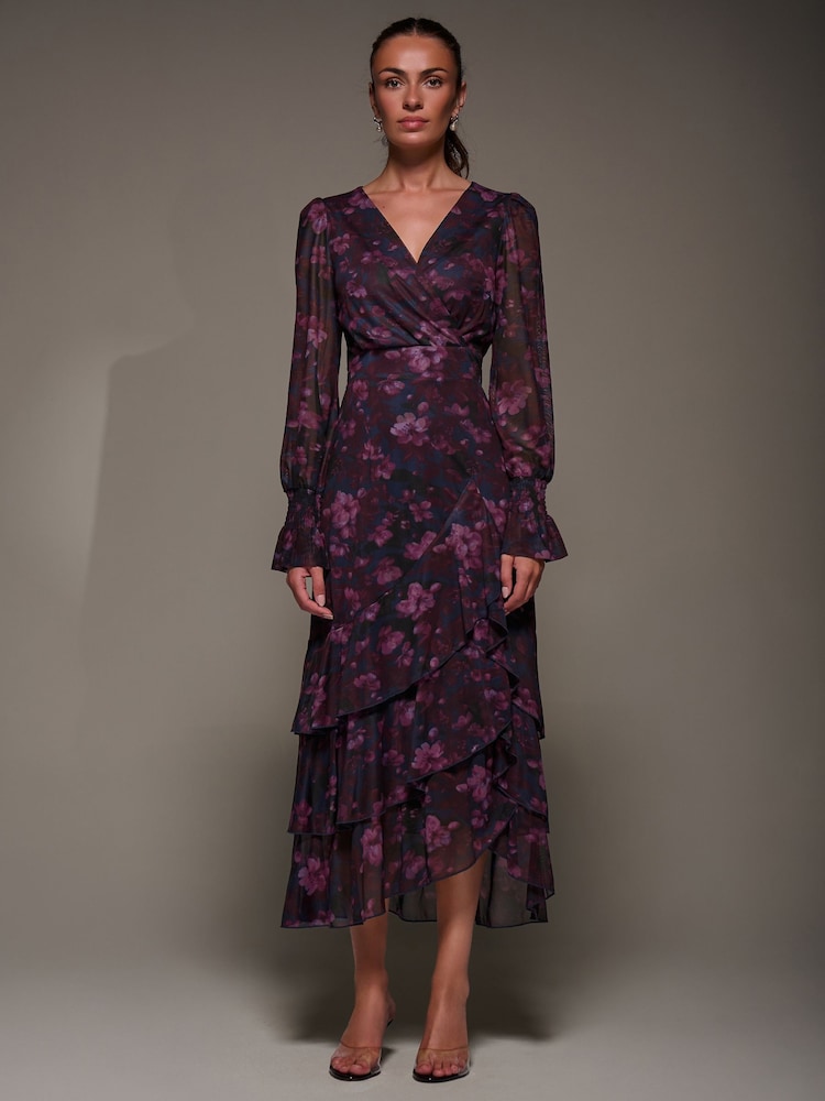 Jolie Moi Blue Long Sleeve Ruffle Hem Mesh Maxi Dress - Image 1 of 6