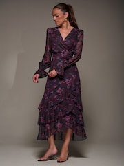 Jolie Moi Blue Long Sleeve Ruffle Hem Mesh Maxi Dress - Image 4 of 6