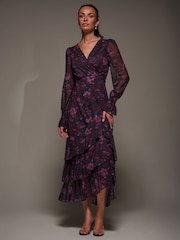 Jolie Moi Blue Long Sleeve Ruffle Hem Mesh Maxi Dress - Image 5 of 6
