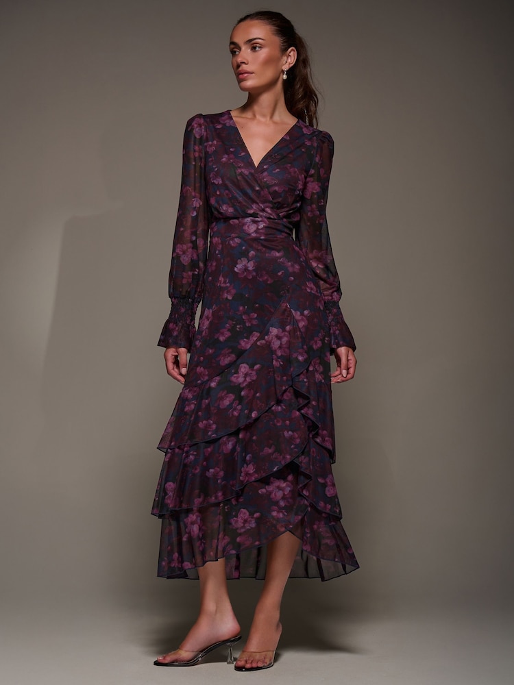 Jolie Moi Blue Long Sleeve Ruffle Hem Mesh Maxi Dress - Image 6 of 6
