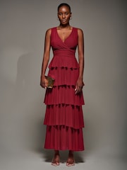 Jolie Moi Red Tiered Mesh Maxi Dress - Image 1 of 6
