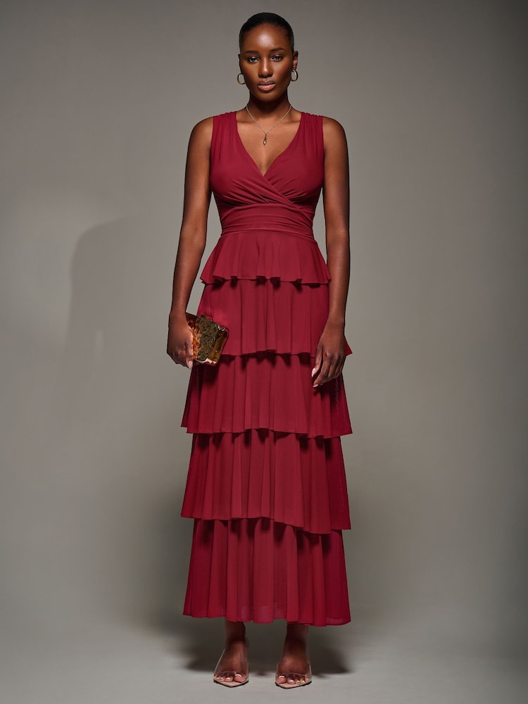 Jolie Moi Red Tiered Mesh Maxi Dress - Image 1 of 6 Jolie Moi Red Tiered Mesh Maxi Dress - Image 1 of 6