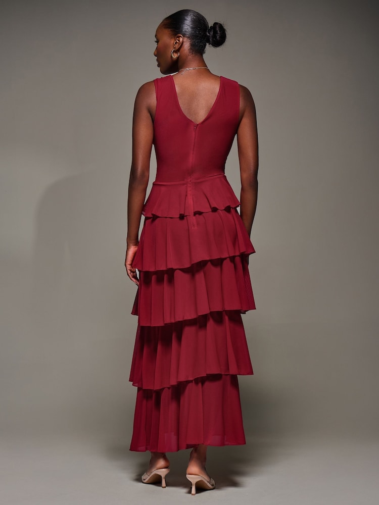 Jolie Moi Red Tiered Mesh Maxi Dress - Image 2 of 6