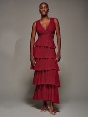 Jolie Moi Red Tiered Mesh Maxi Dress - Image 5 of 6