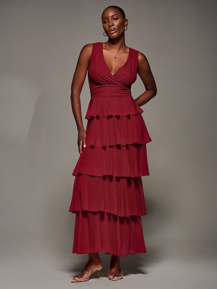 Jolie Moi Red Tiered Mesh Maxi Dress - Image 6 of 6 Jolie Moi Red Tiered Mesh Maxi Dress - Image 6 of 6