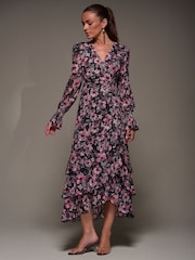Jolie Moi Pink Long Sleeve Ruffle Hem Mesh Maxi Dress - Image 1 of 6