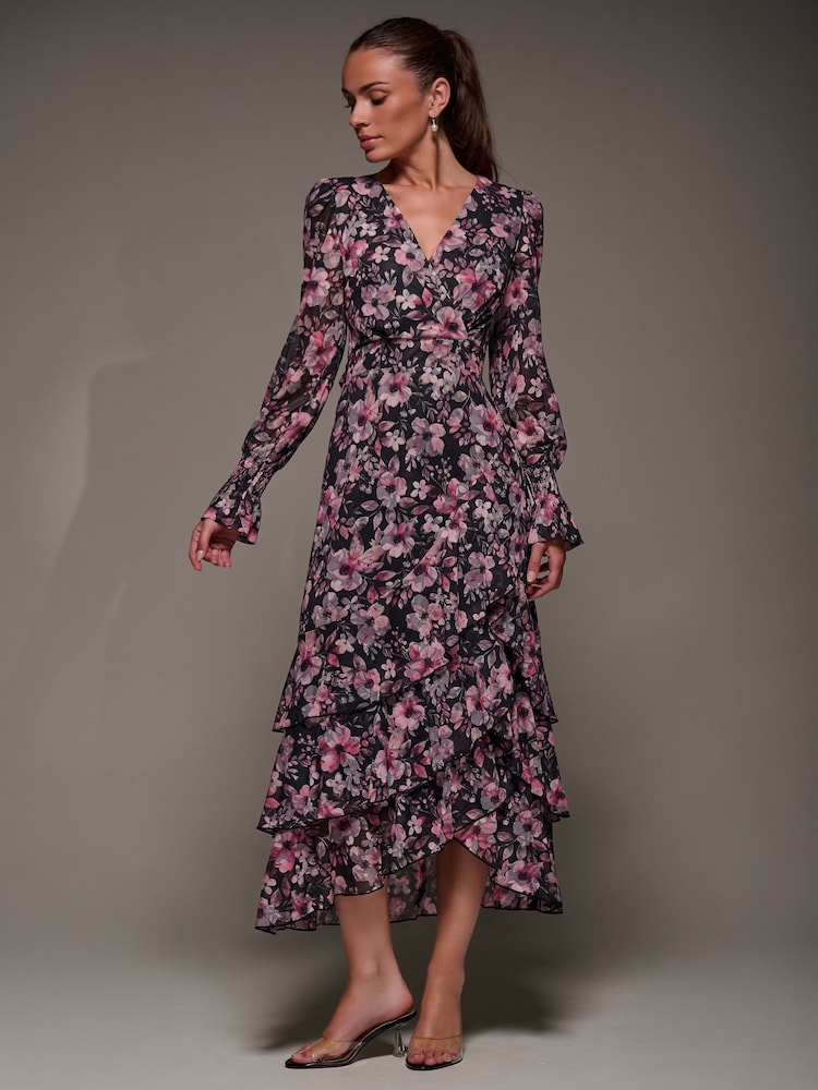 Jolie Moi Pink Long Sleeve Ruffle Hem Mesh Maxi Dress - Image 1 of 6 Jolie Moi Pink Long Sleeve Ruffle Hem Mesh Maxi Dress - Image 1 of 6