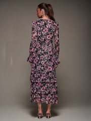 Jolie Moi Pink Long Sleeve Ruffle Hem Mesh Maxi Dress - Image 2 of 6