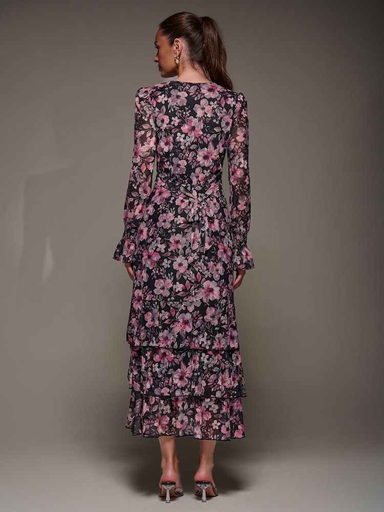Jolie Moi Pink Long Sleeve Ruffle Hem Mesh Maxi Dress - Image 2 of 6