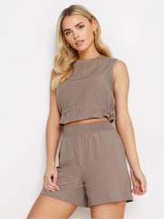 PixieGirl Petite Brown l Mocha Brown Linen Shirred Waist Shorts - Image 1 of 5
