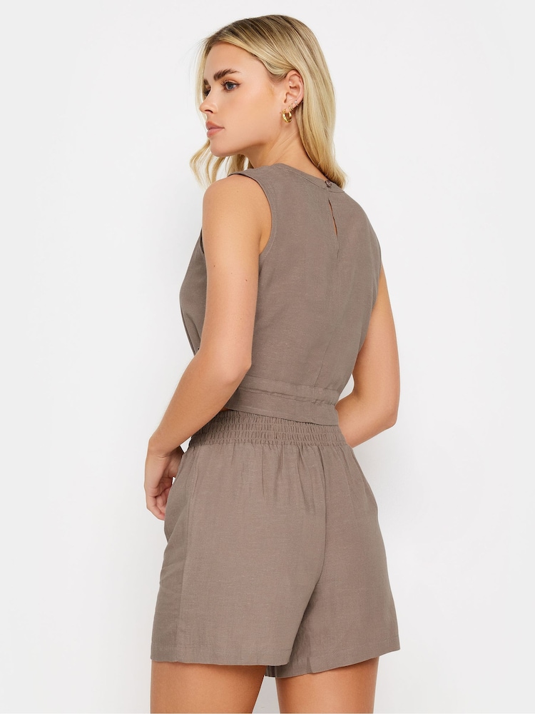 PixieGirl Petite Brown l Mocha Brown Linen Shirred Waist Shorts - Image 2 of 5