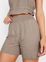 PixieGirl Petite Brown l Mocha Brown Linen Shirred Waist Shorts - Image 4 of 5