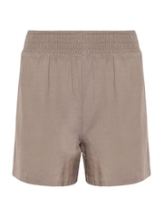 PixieGirl Petite Brown l Mocha Brown Linen Shirred Waist Shorts - Image 5 of 5