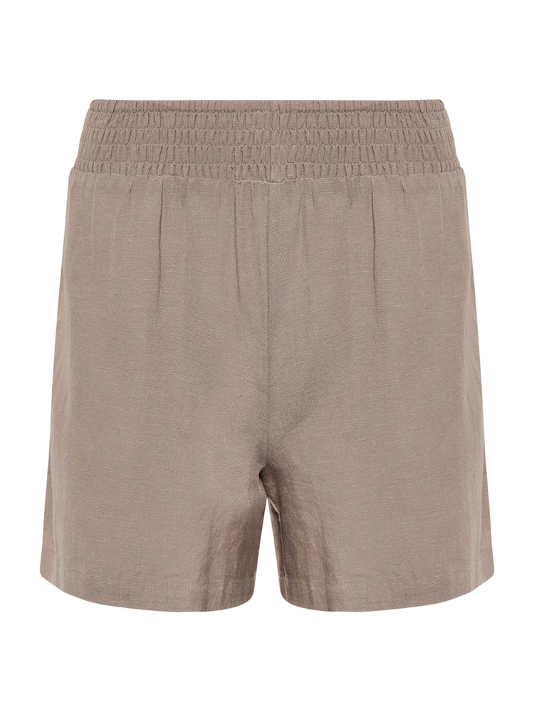 PixieGirl Petite Brown l Mocha Brown Linen Shirred Waist Shorts - Image 5 of 5