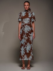 Jolie Moi Brown High Neck Angel Sleeve Chiffon Maxi Dress - Image 1 of 6